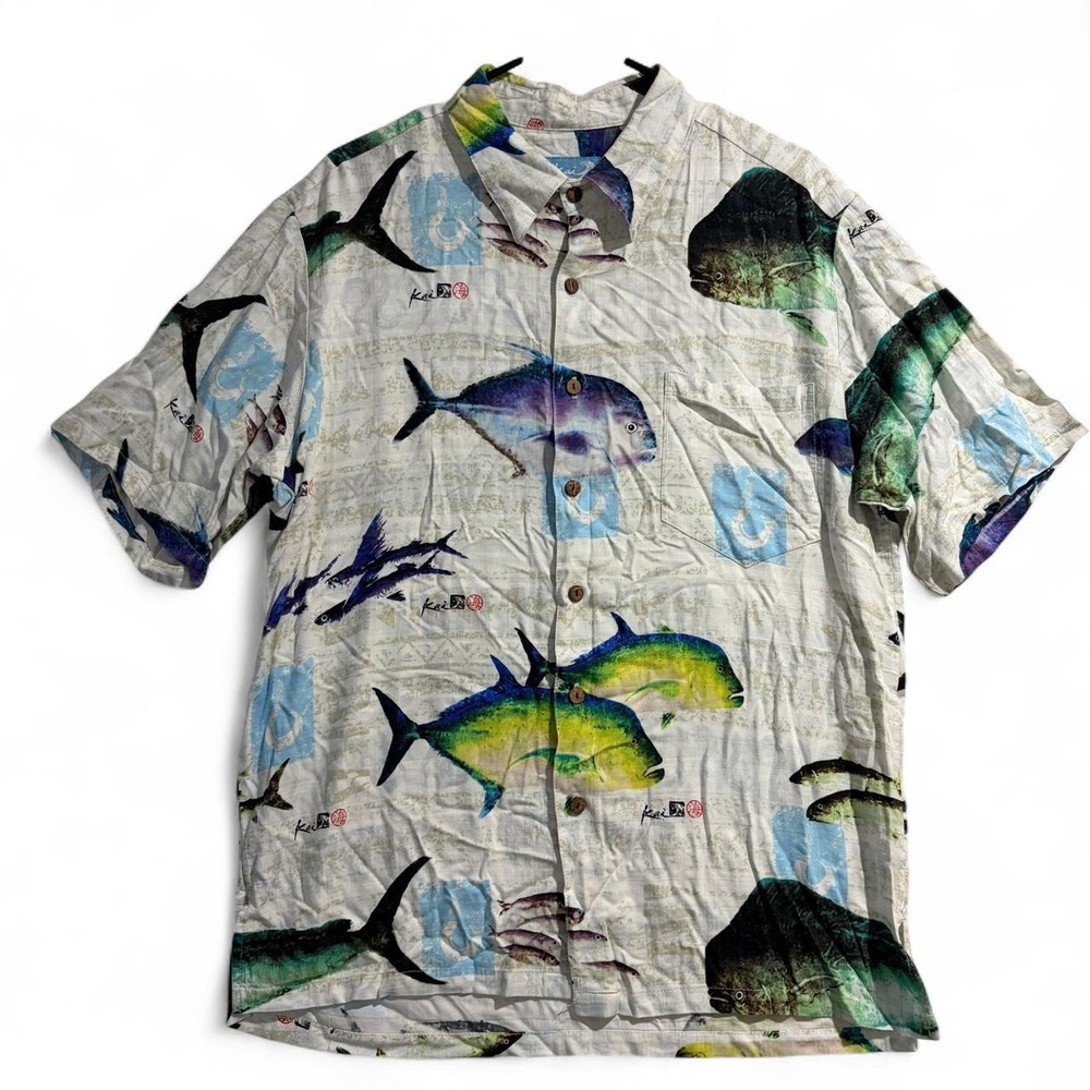 Kai Clothing Hawaii Rayon Fish Hawaiian Shirt Mens Large Mahi Mahi Tuna Graphic